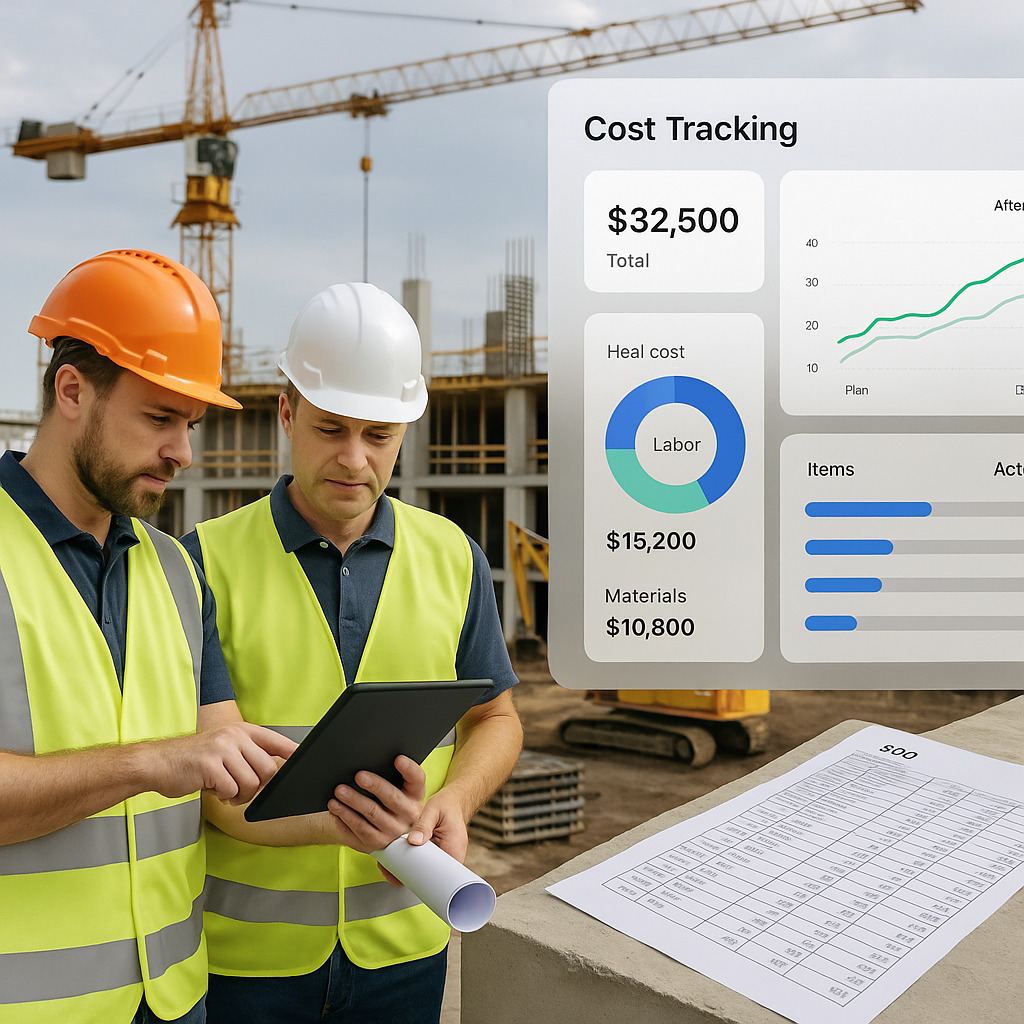 A construction site with workers using tablets to monitor costs in real-time, surrounded by equipment and BOQ documents,...