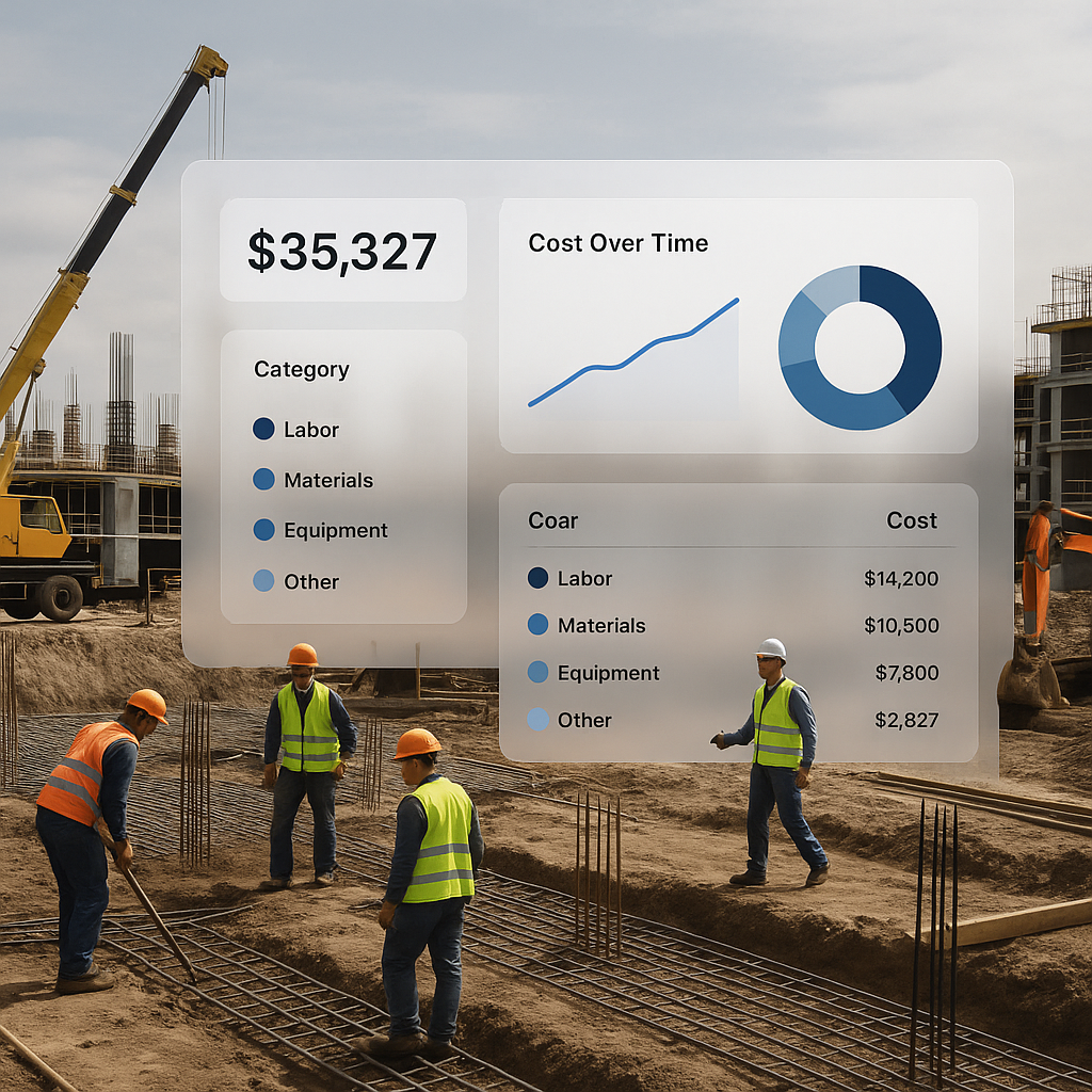A construction site with workers and equipment, overlaid with a transparent dashboard showing cost tracking data in real...