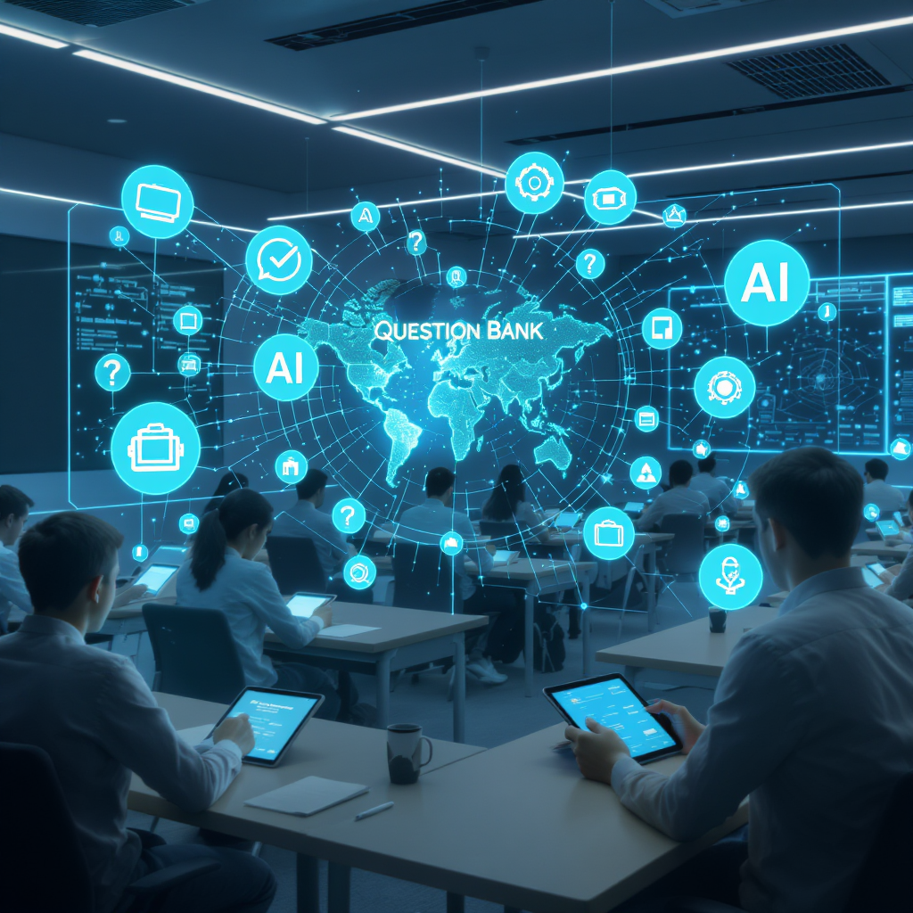 A futuristic classroom setting with students using tablets, surrounded by holographic question banks and AI algorithms v...