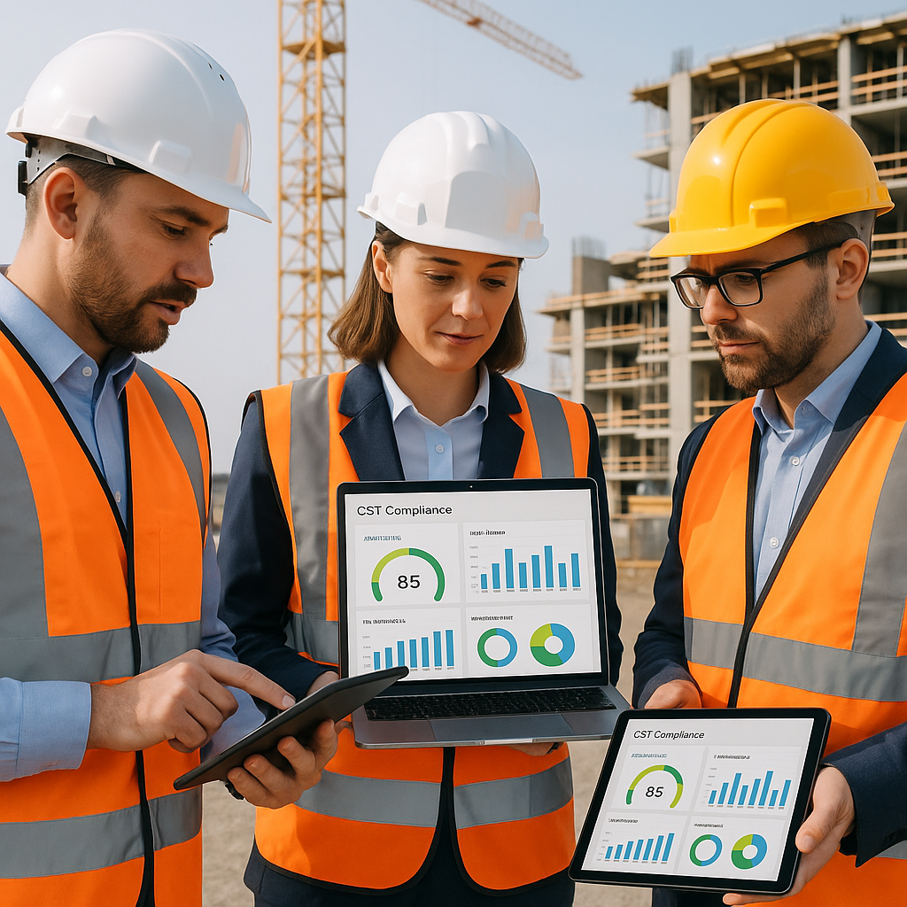 A team of construction managers reviewing digital GST compliance dashboards on tablets and laptops, with a construction...