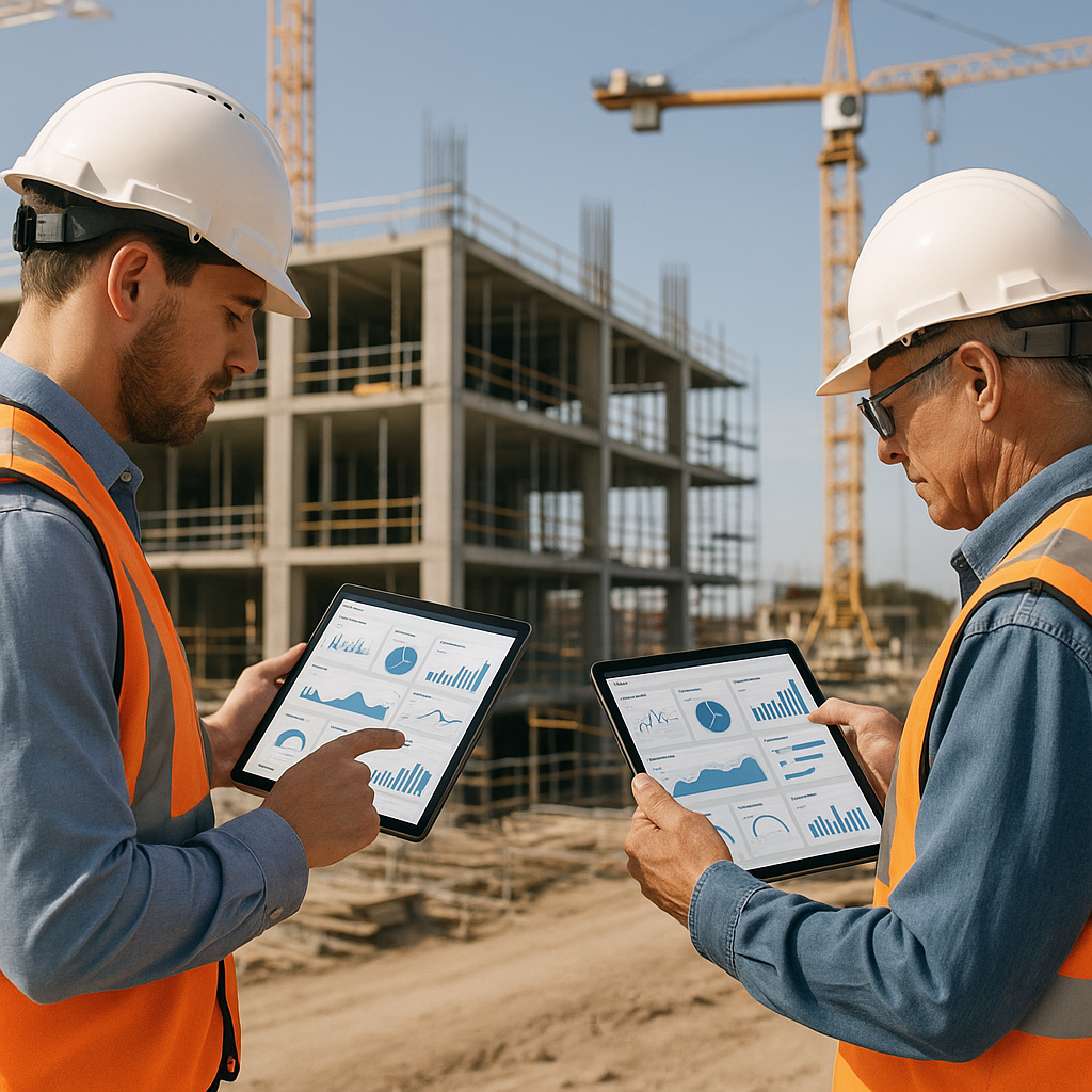 A construction site with workers using tablets, real-time dashboards visible on the screens, and cranes in the backgroun...