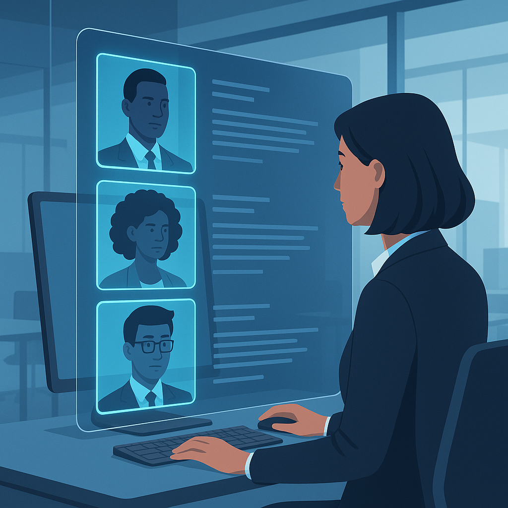 A futuristic office scene with a recruiter using a sleek computer interface, showing AI-highlighted resumes on a screen....