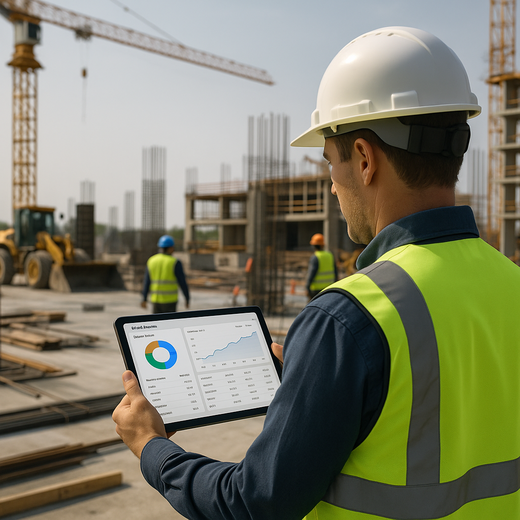 A construction site with a contractor holding a tablet, showing real-time cost tracking dashboards, surrounded by equipm...