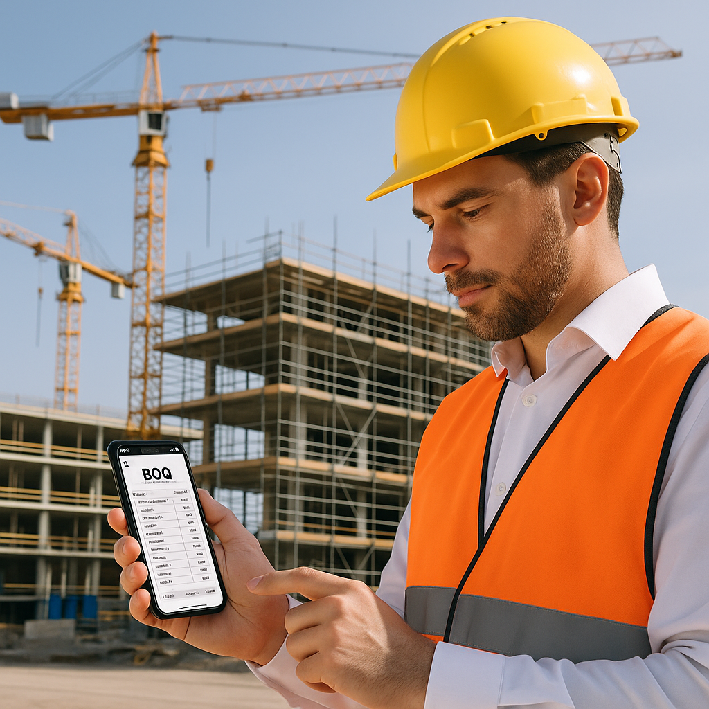 A construction site with a contractor using a mobile app on a smartphone, showing a BOQ screen, with cranes and scaffold...