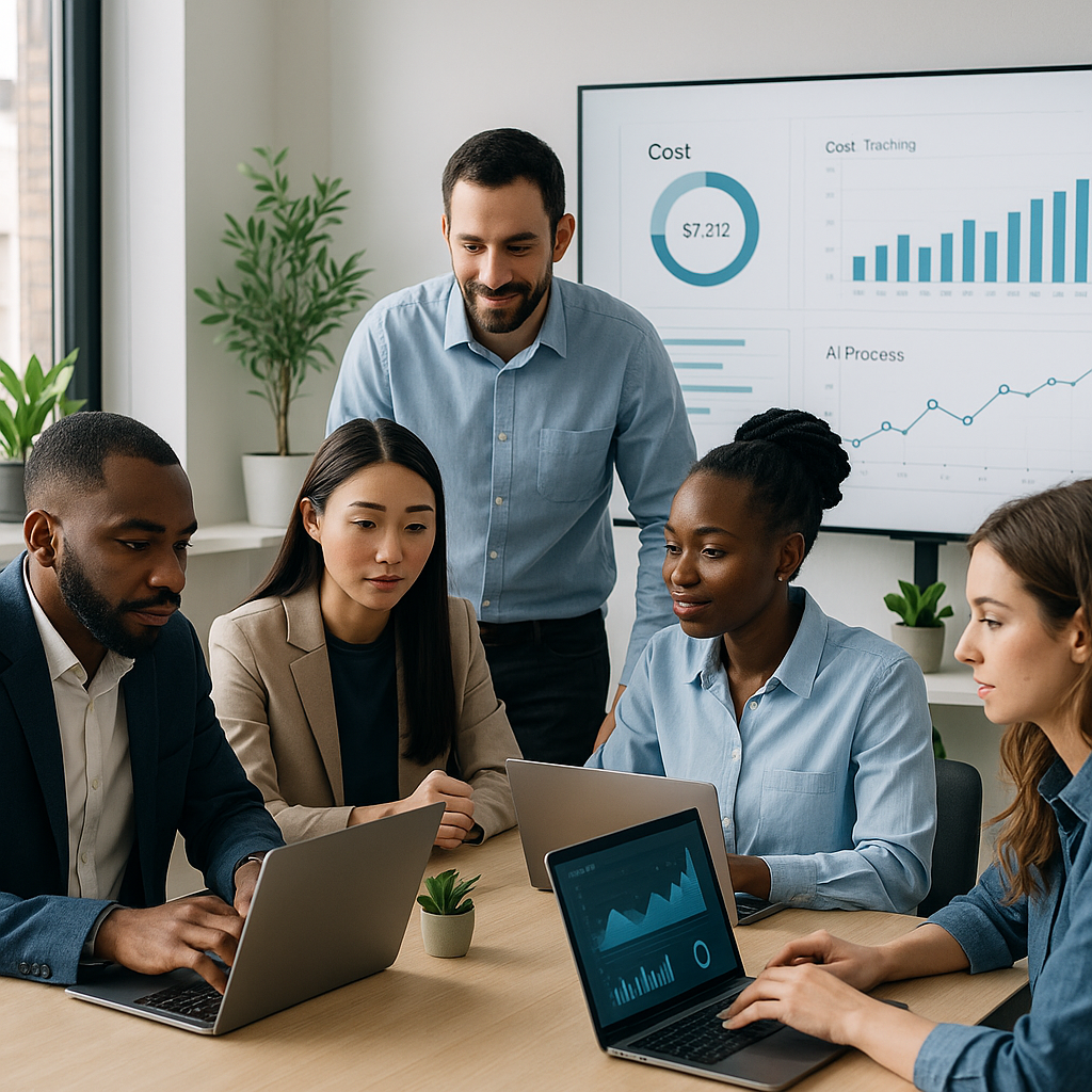 A modern business office with diverse professionals collaborating on laptops, showcasing digital dashboards with graphs,...