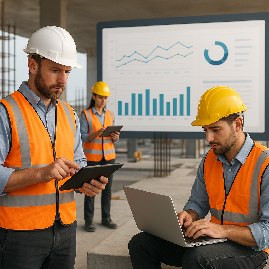 A construction project site with workers using tablets and laptops, showcasing a digital dashboard in the background. Mo...