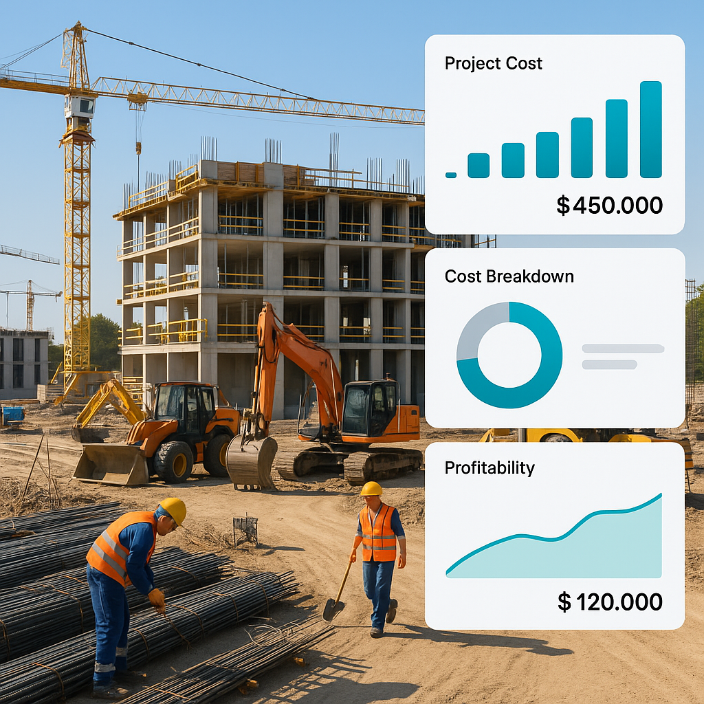 A construction site with workers and equipment, overlaid with modern digital dashboards showing project costs and profit...