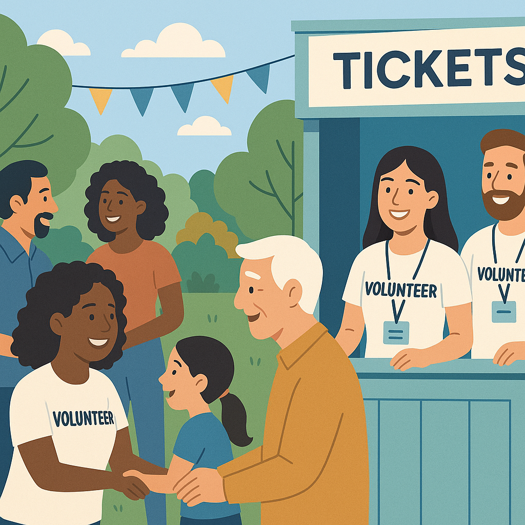A small community event with diverse attendees, smiling volunteers, and a ticket booth showing 'No Platform Fees' on a b...