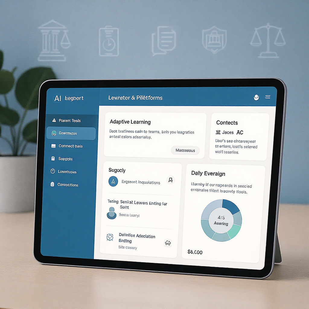 A modern educational platform interface with AI-powered elements, showcasing adaptive learning tools on a sleek tablet w...