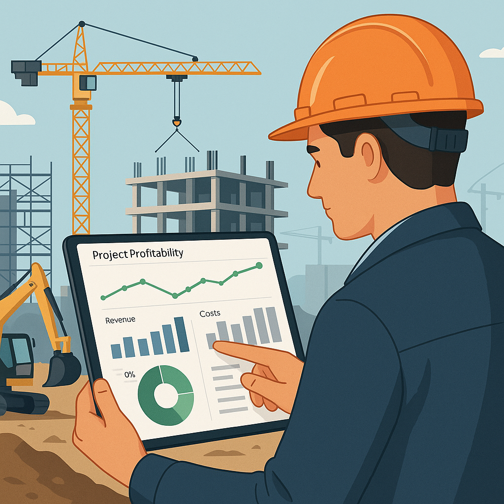 A detailed illustration of a construction project manager analyzing a real-time project profitability dashboard on a tab...