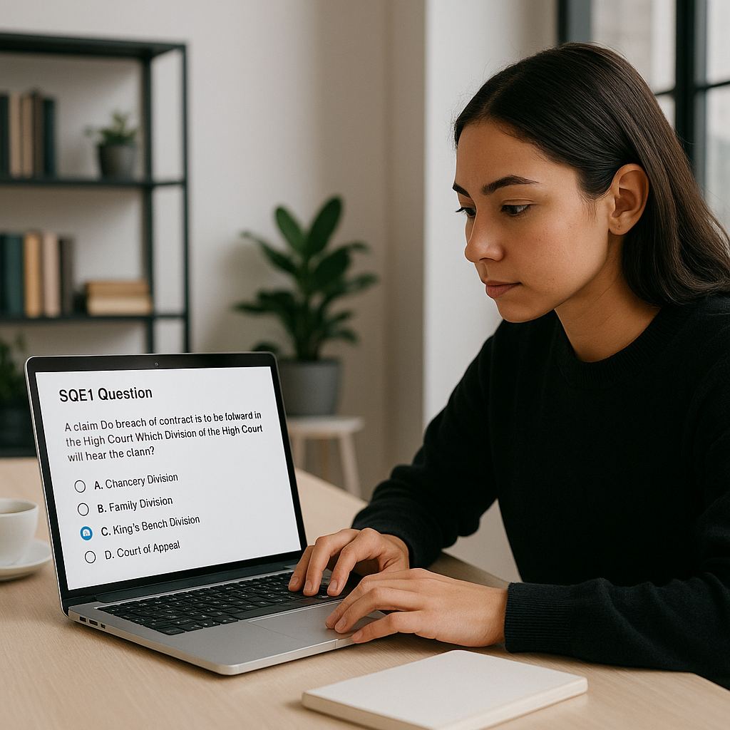 A focused law student practicing on a laptop, with a mock SQE1 multiple-choice question on the screen, in a modern study...