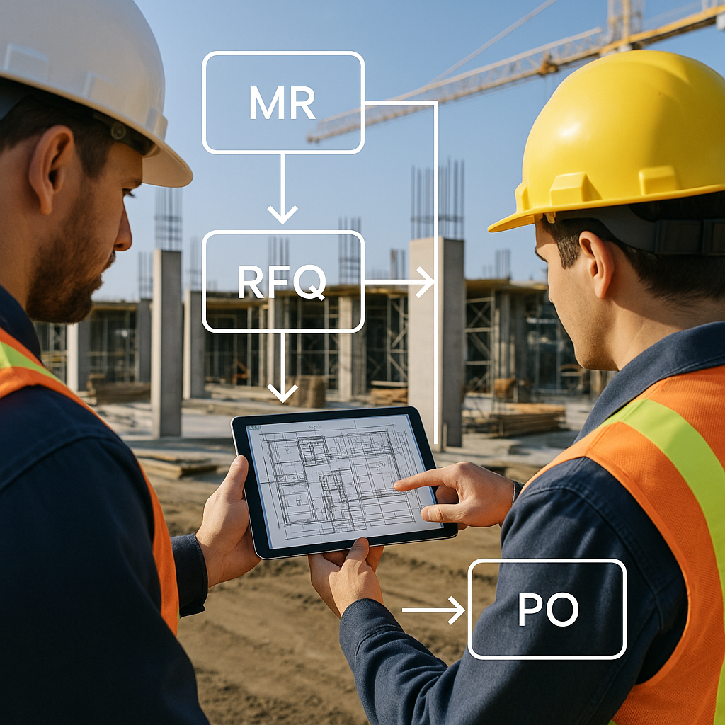 A construction site with workers reviewing digital blueprints on a tablet, overlaid with a flowchart representing an ERP...