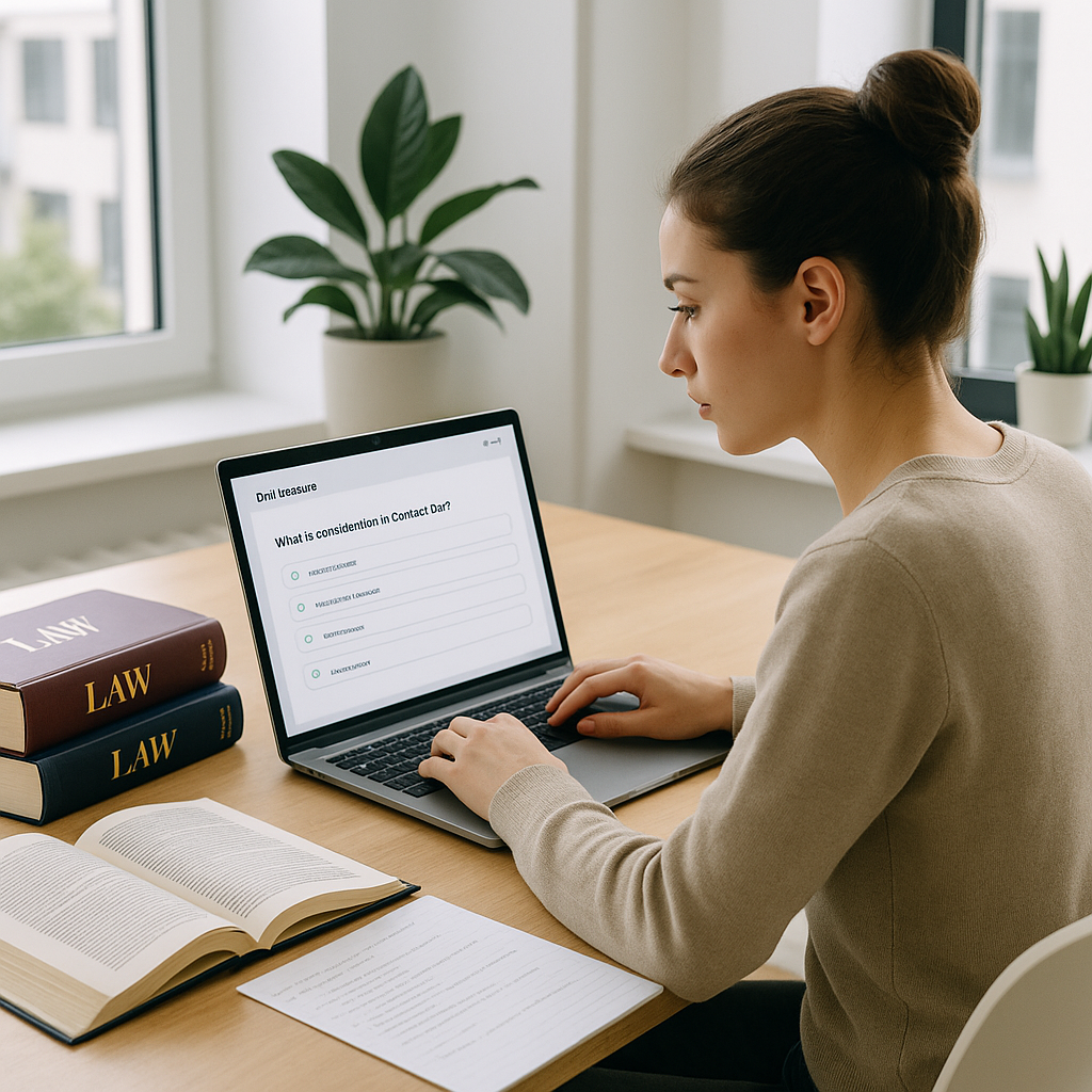 A focused student working on a laptop with legal textbooks and notes spread out, showing a drill session interface on th...