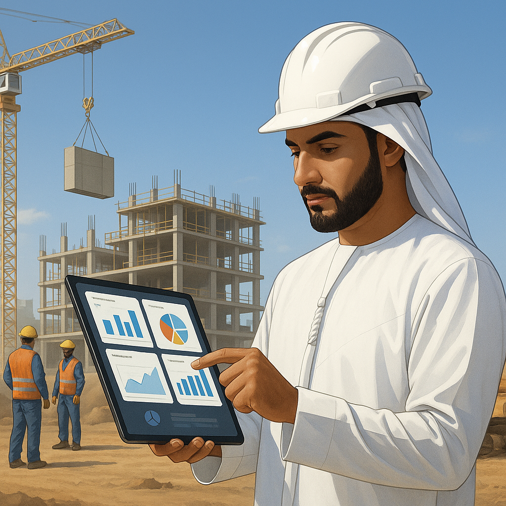 A realistic illustration of a UAE construction site manager using a tablet with real-time project dashboards under a cle...