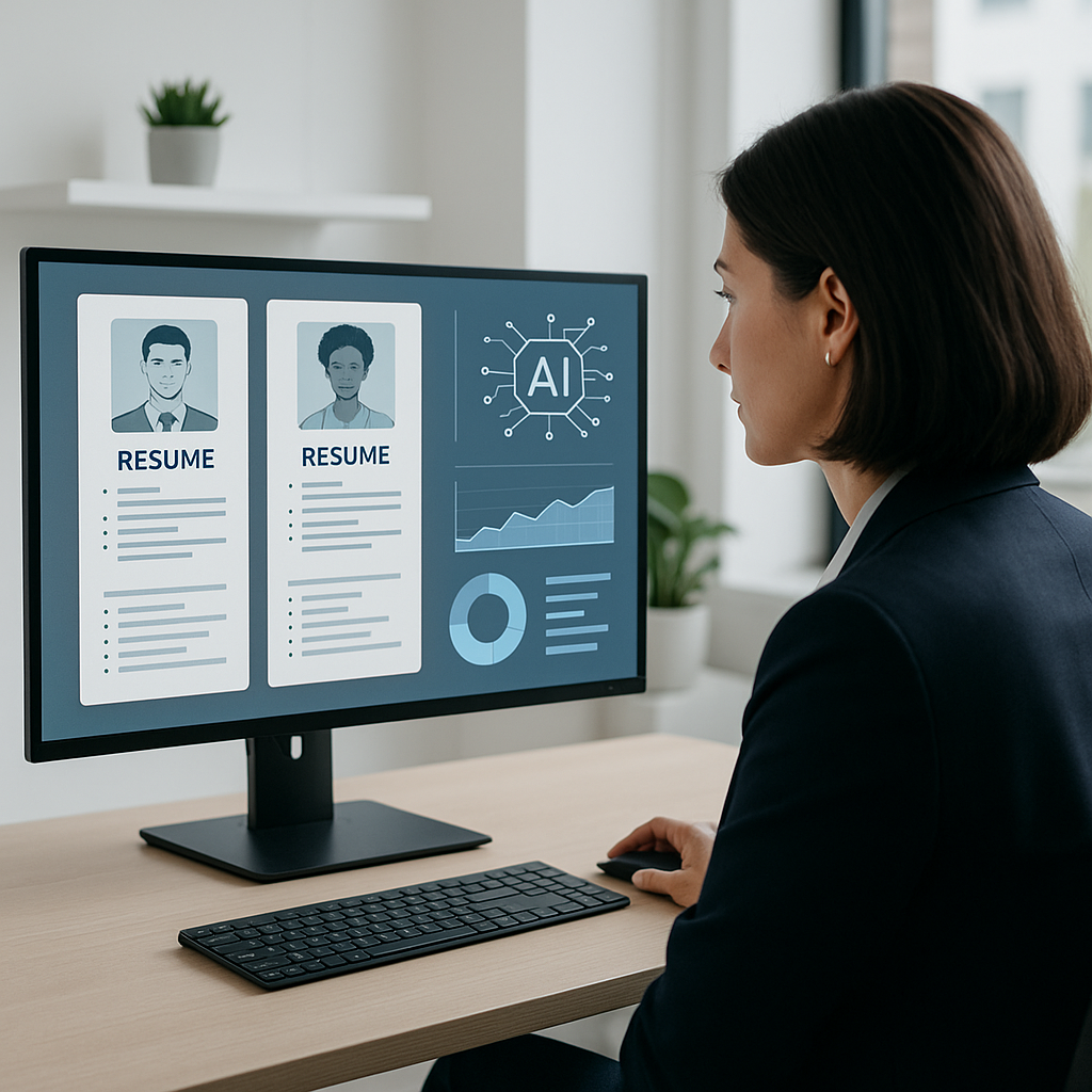 A professional recruiter using a futuristic AI-powered dashboard to analyze resumes, featuring data visualizations and a...