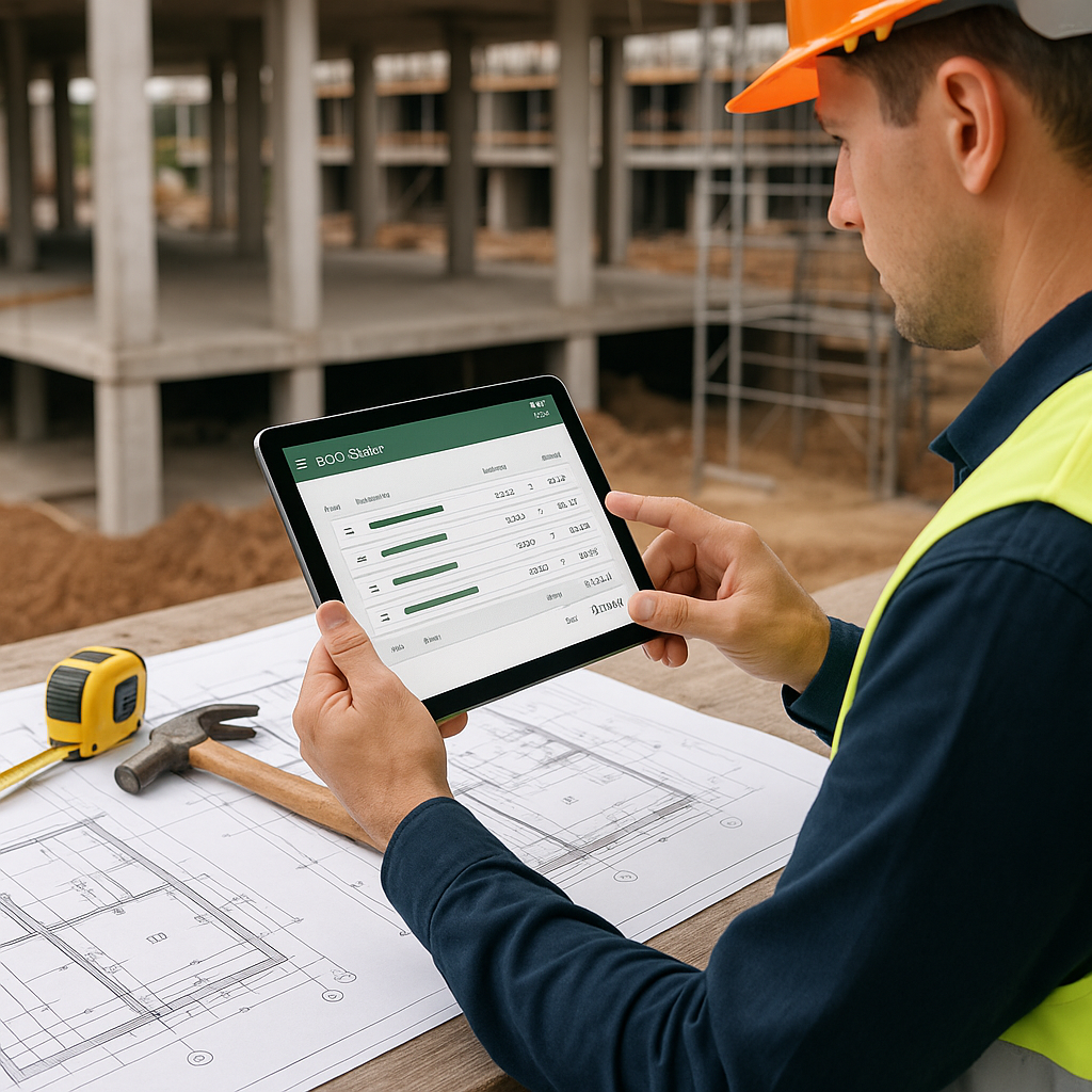 A construction site with a contractor using a mobile app on a tablet, surrounded by blueprints and tools. The tablet scr...