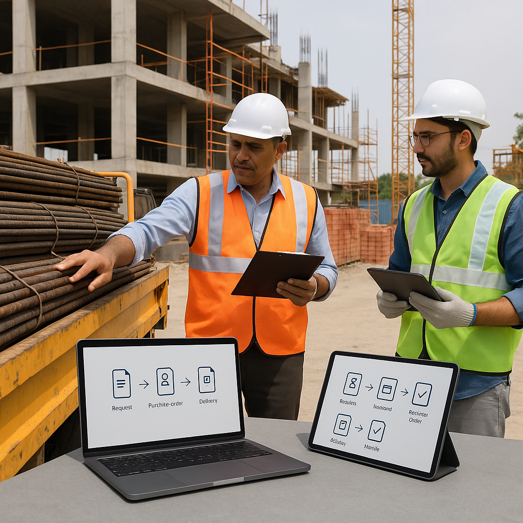 A mid-size construction site in India, with workers inspecting material delivery at a loading dock. Nearby, laptops or t...