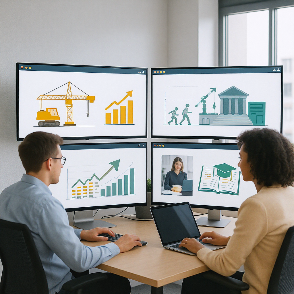 A realistic illustration of a software team working on multiple monitors, each showing a different industry (constructio...
