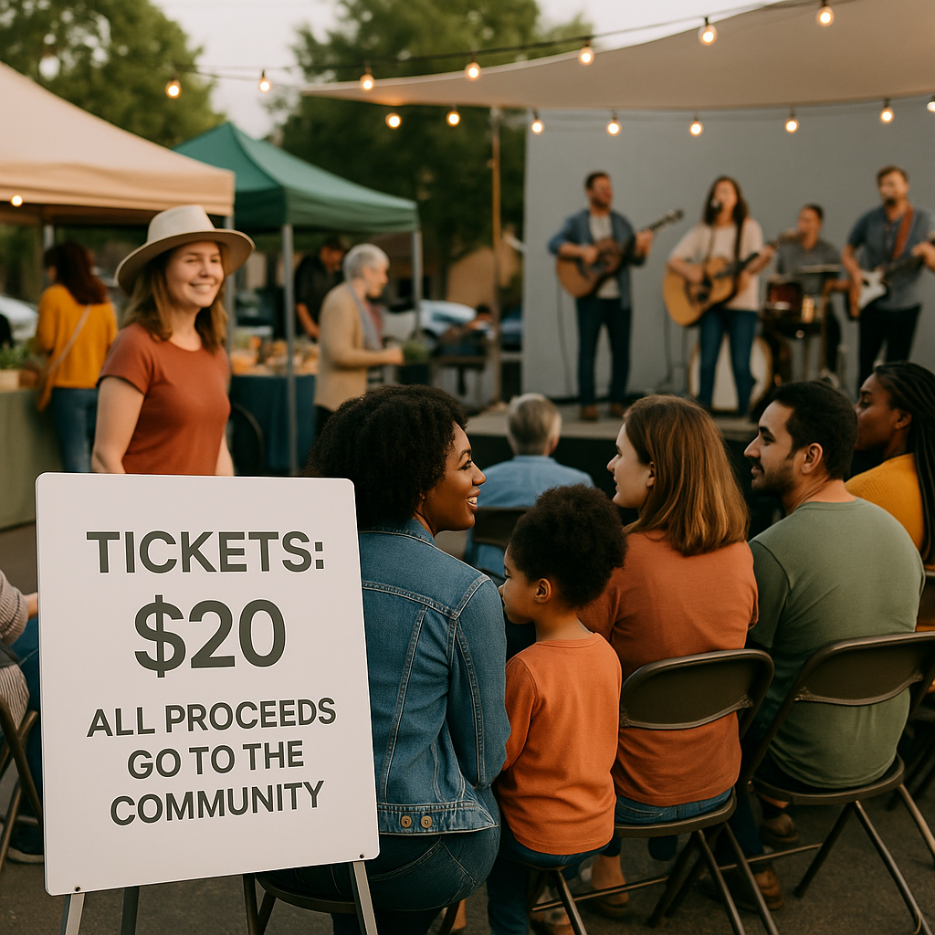 A small community event with diverse attendees enjoying a concert or market, with a sign saying 'Tickets: $20 - All Proc...