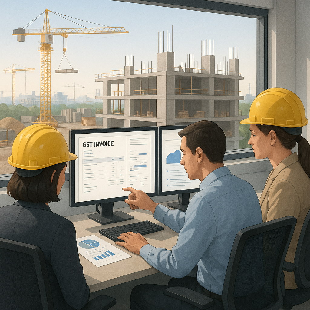 A realistic illustration of a construction site office with a finance team reviewing GST invoices on dual monitors, with...