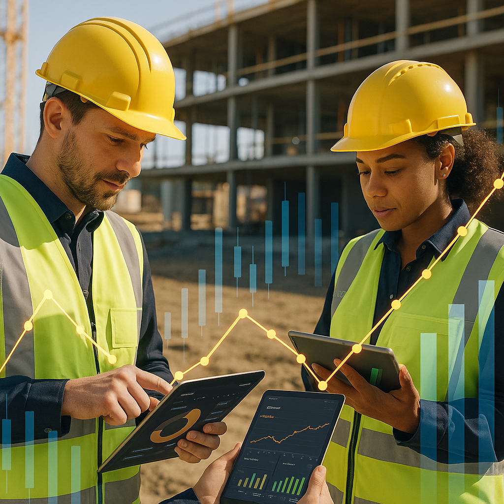 A construction site with contractors analyzing dashboards on tablets, overlaid with digital graphs showing real-time pro...