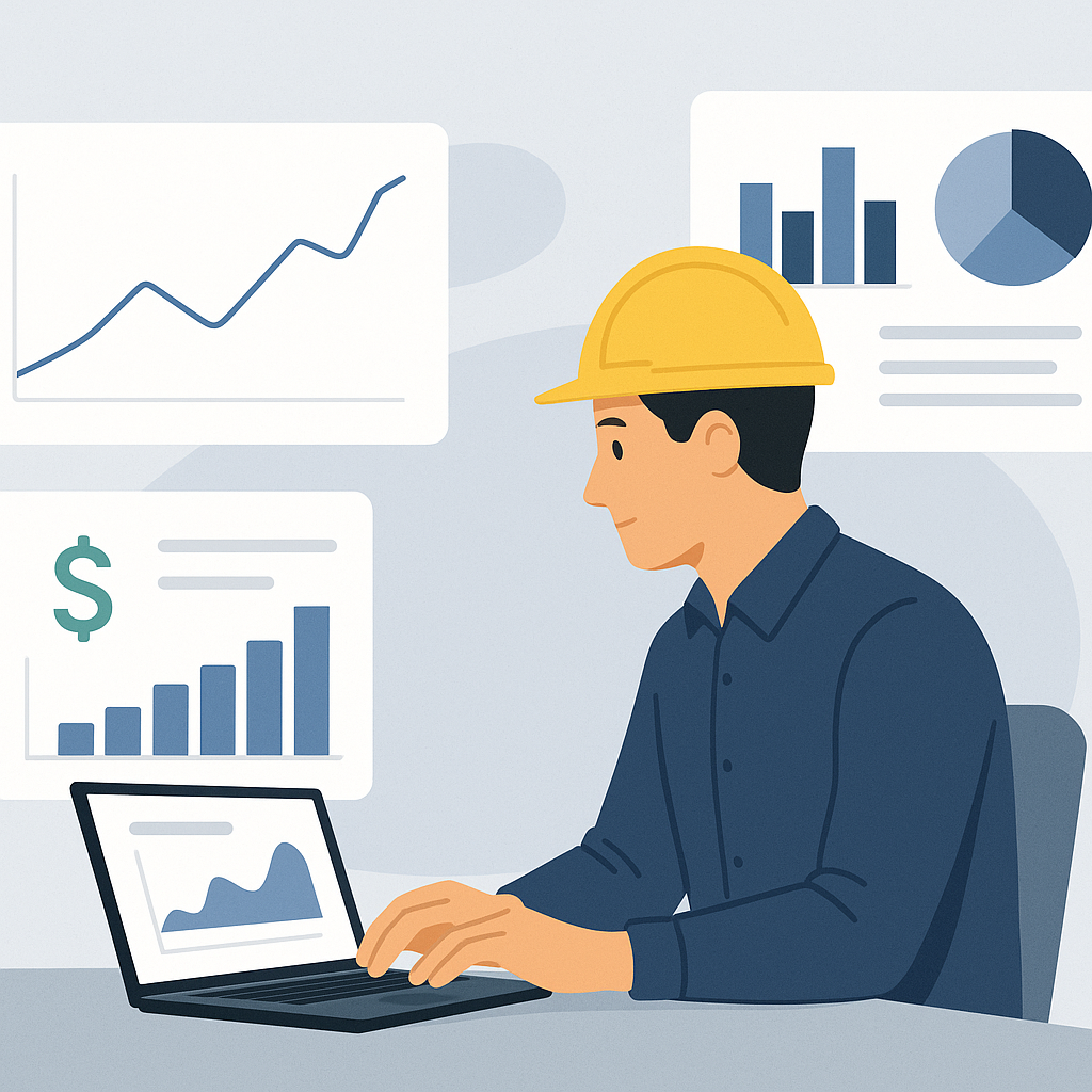 An illustration of a construction project manager analyzing a real-time cost dashboard on a laptop, surrounded by graphs...