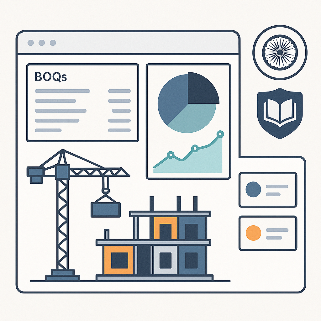 Illustration of a construction site dashboard with BOQs, cost tracking charts, and billing statuses, overlaid with India...