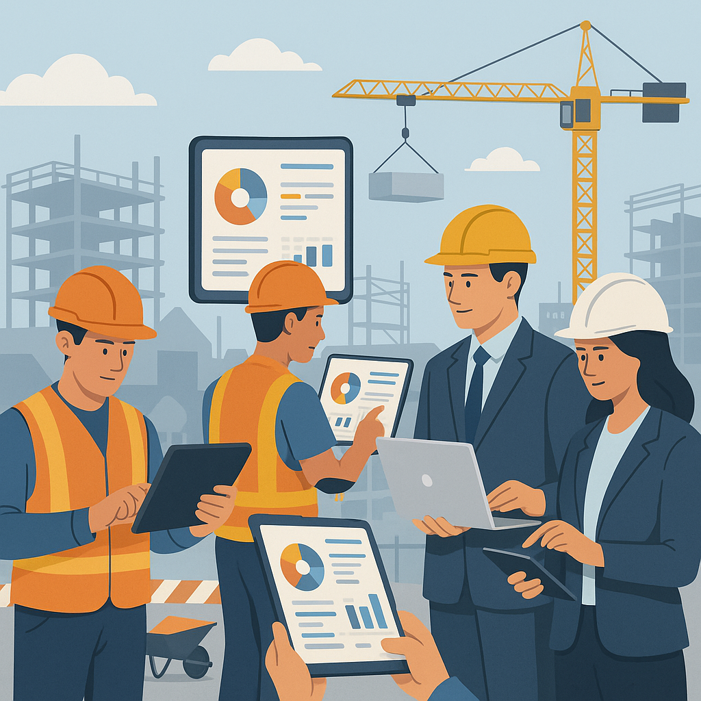 A detailed illustration of a construction site with workers and managers using tablets/laptops to monitor project dashbo...