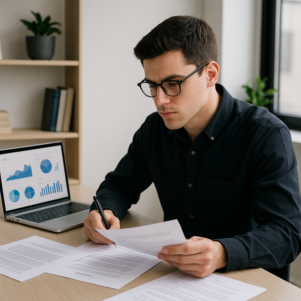 A focused law student sitting at a desk with practice exam papers and a laptop showing analytics charts, in a modern stu...