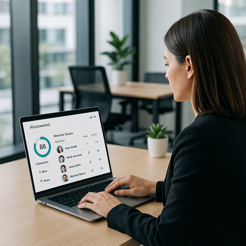 A modern office setting with a recruiter using a sleek AI-powered dashboard on a laptop, showing resume scores and candi...