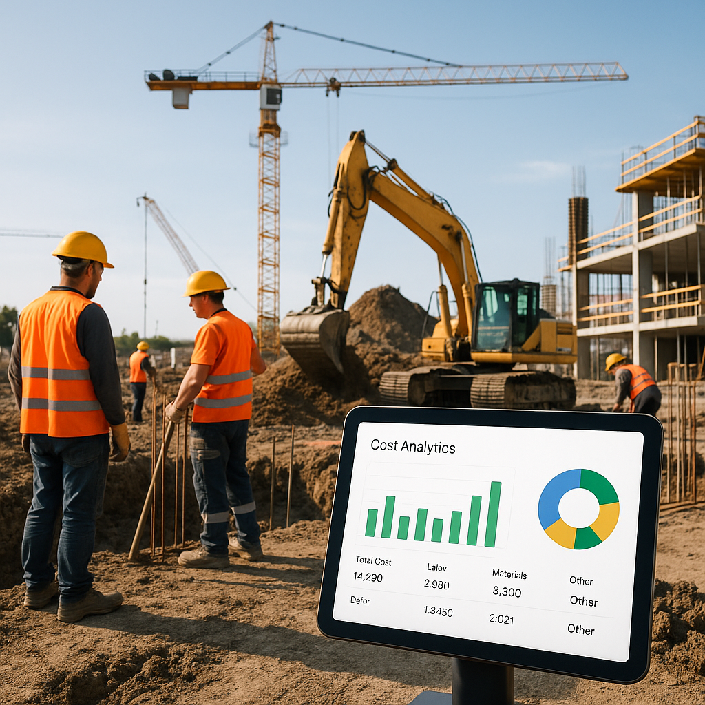 A construction site with workers, machinery, and a visible dashboard screen showing cost analytics in real-time.