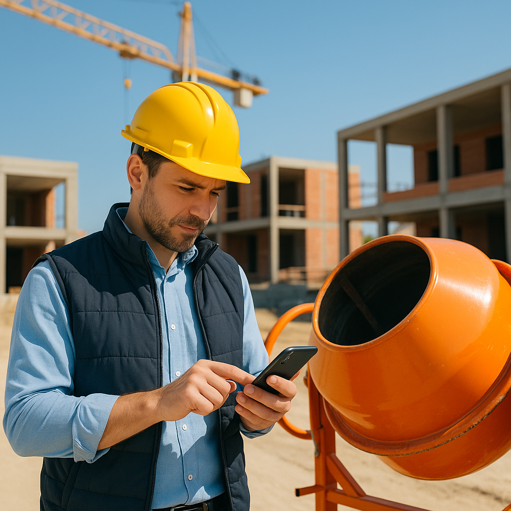 A construction contractor using a mobile app onsite, entering client details while standing next to building equipment....