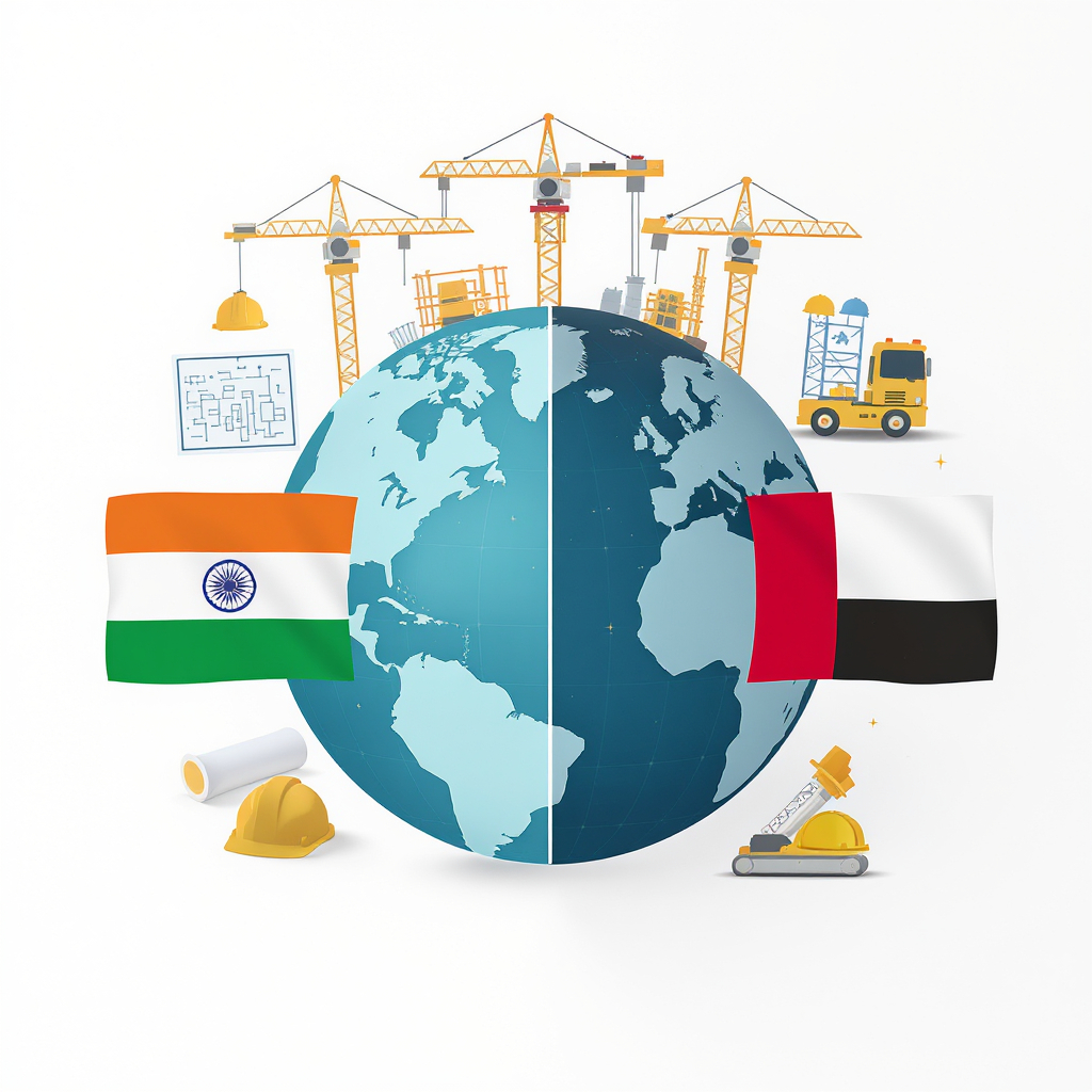 Illustration of a globe with construction icons (cranes, blueprints, workers), and flags of India and GCC countries on o...
