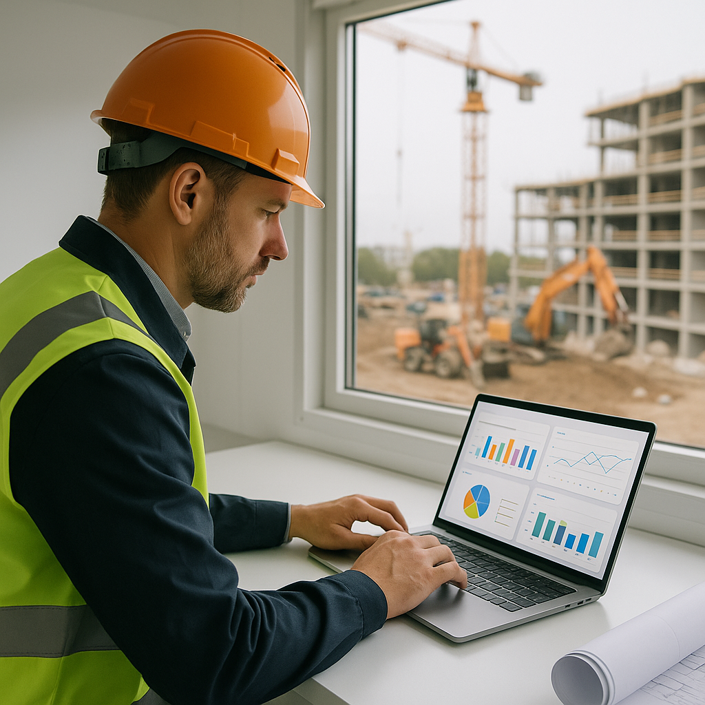 A construction project manager in a site office reviewing real-time dashboards on a laptop, with a construction site vis...