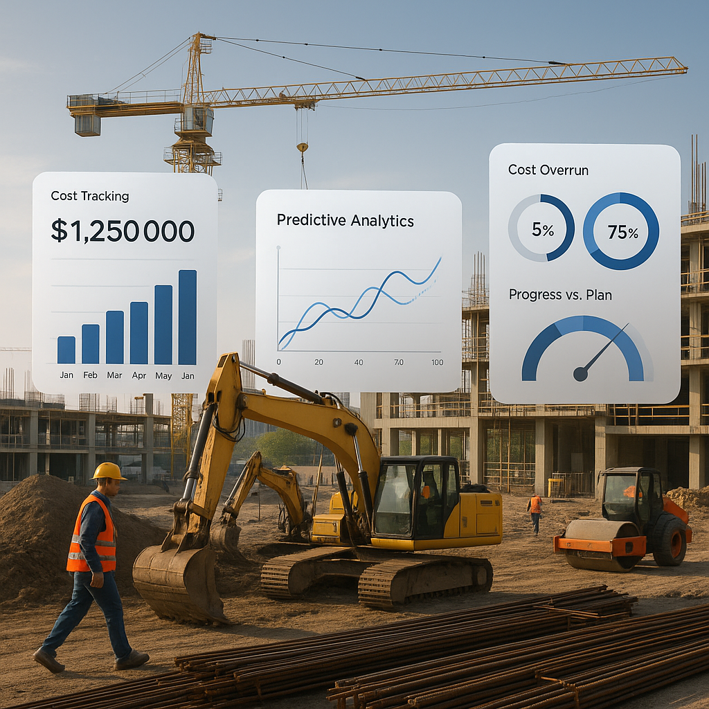 A construction site with AI-powered dashboards floating in the air, showing real-time cost tracking and predictive analy...