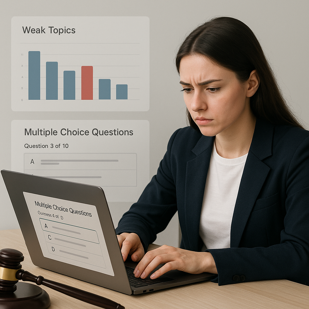 A focused law student practicing multiple-choice questions on a laptop, with analytics charts in the background showing...