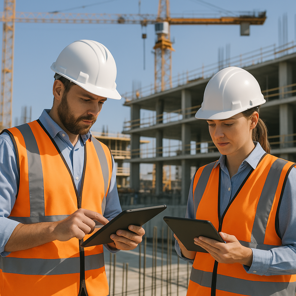 A modern construction site with workers using tablets for real-time project management, emphasizing efficiency and techn...