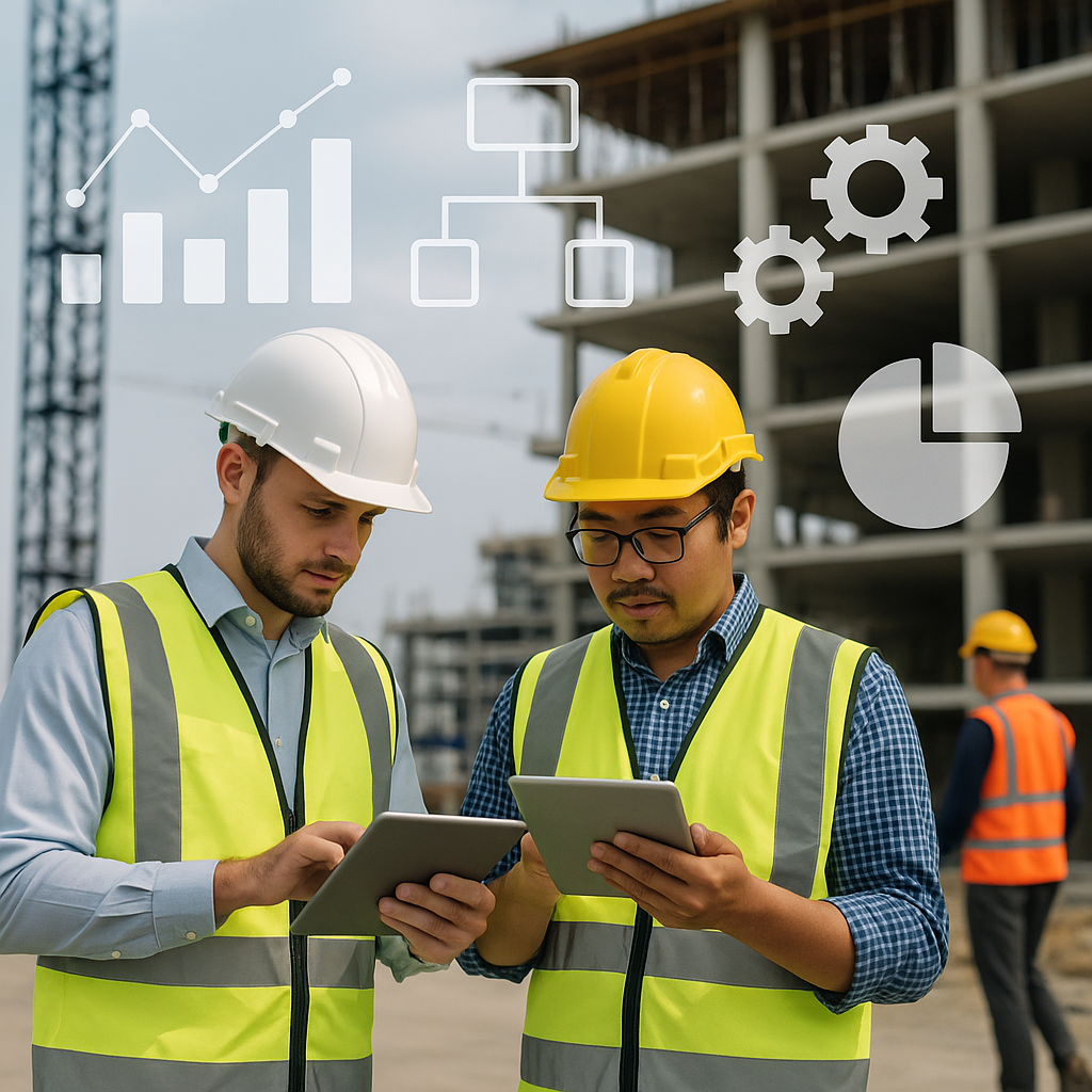 A modern construction site with workers using tablets, overlaid with data graphs and workflow icons, symbolizing ERP imp...