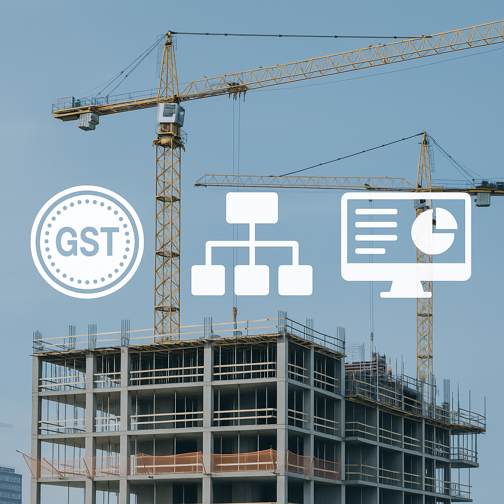 A modern construction site with cranes and scaffolding, overlaid with icons representing GST compliance, financial workf...