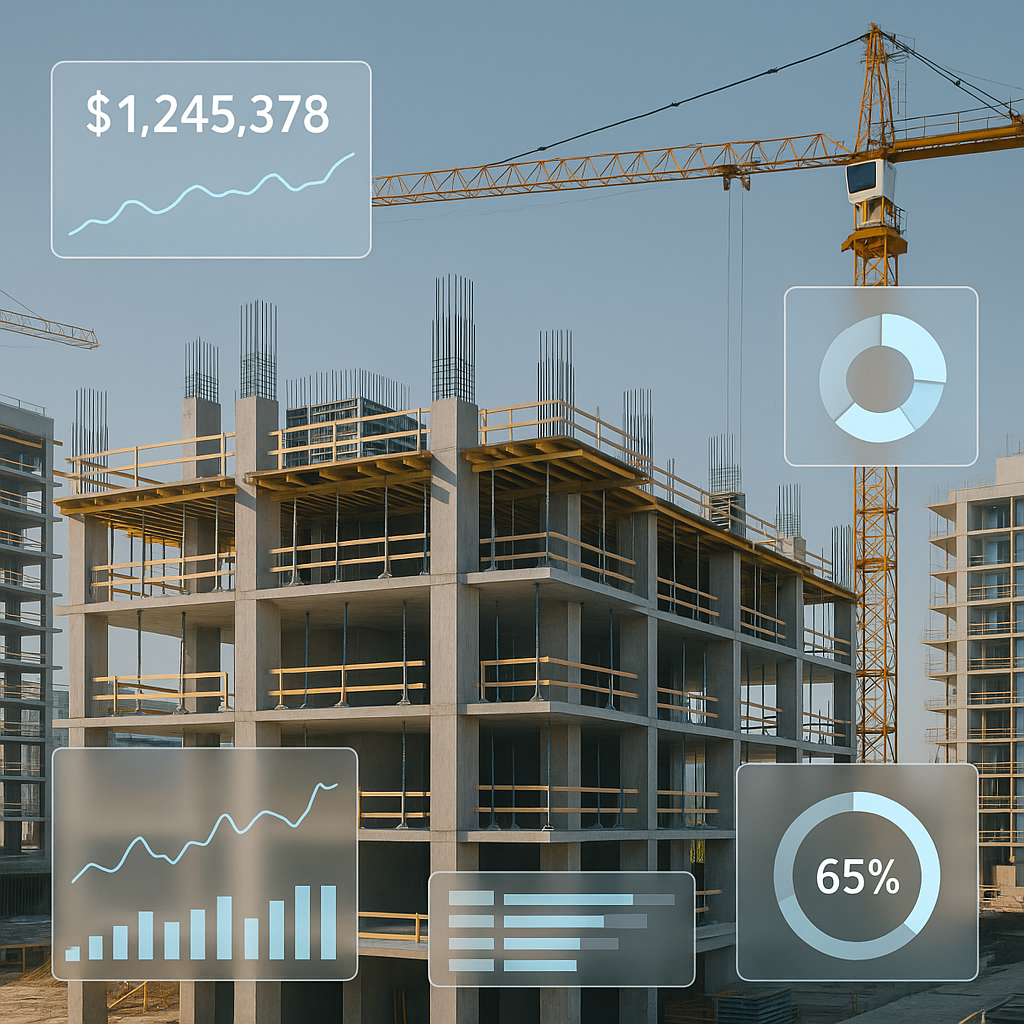 A construction site with digital dashboards and data visualizations overlayed on the image, symbolizing real-time cost t...