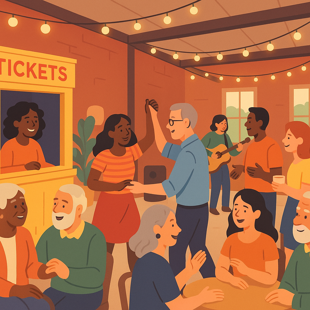A local community event in a cozy hall, with diverse attendees enjoying themselves. A ticket booth in the corner with a...