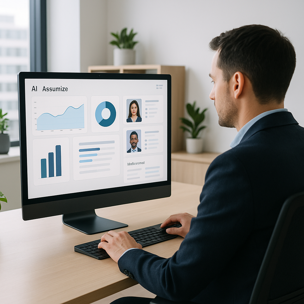A modern office setting with a recruiter using an AI-powered dashboard to analyze resumes, featuring charts, candidate p...