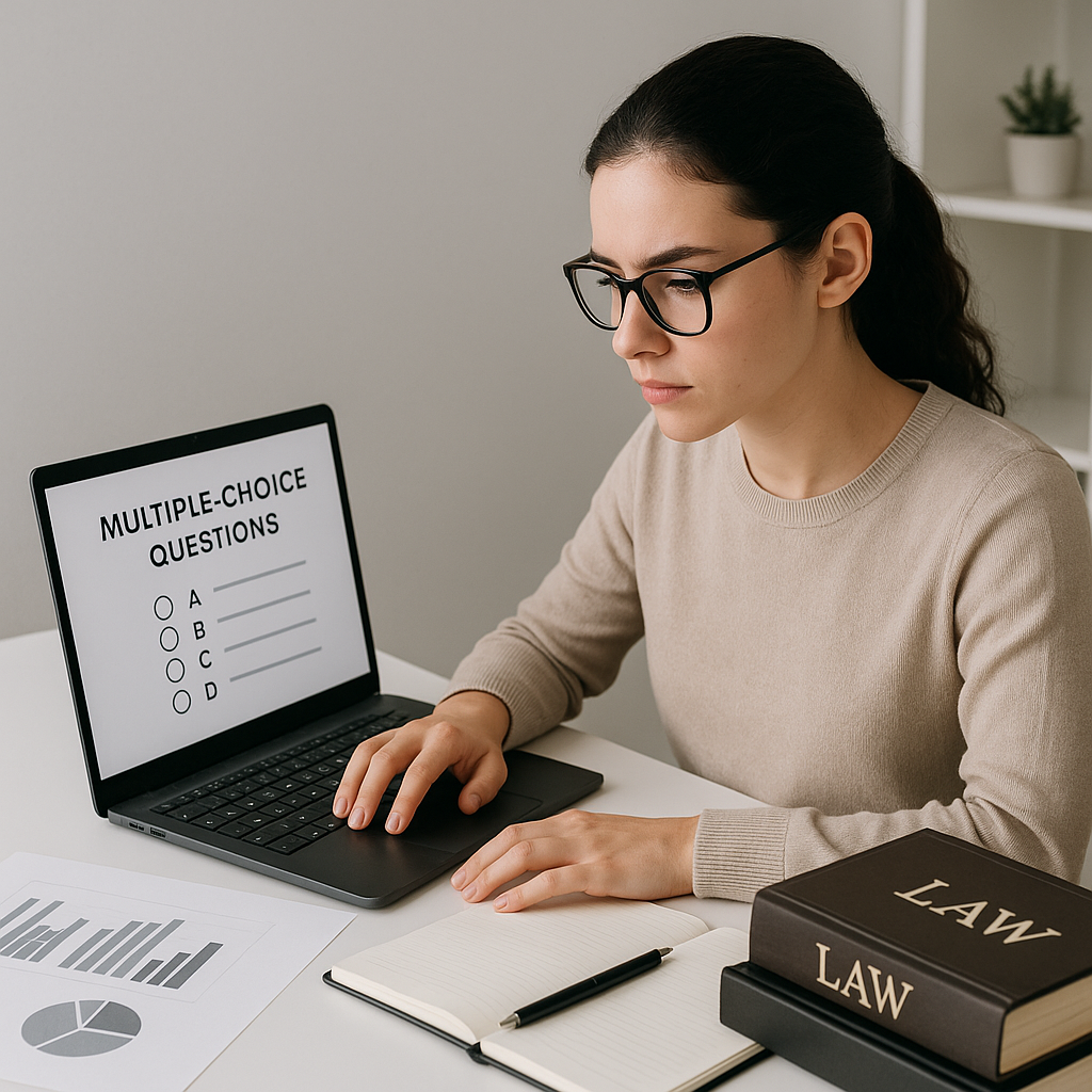 A focused law student in a modern, minimalist study space, practicing multiple-choice questions on a laptop. Analytics c...