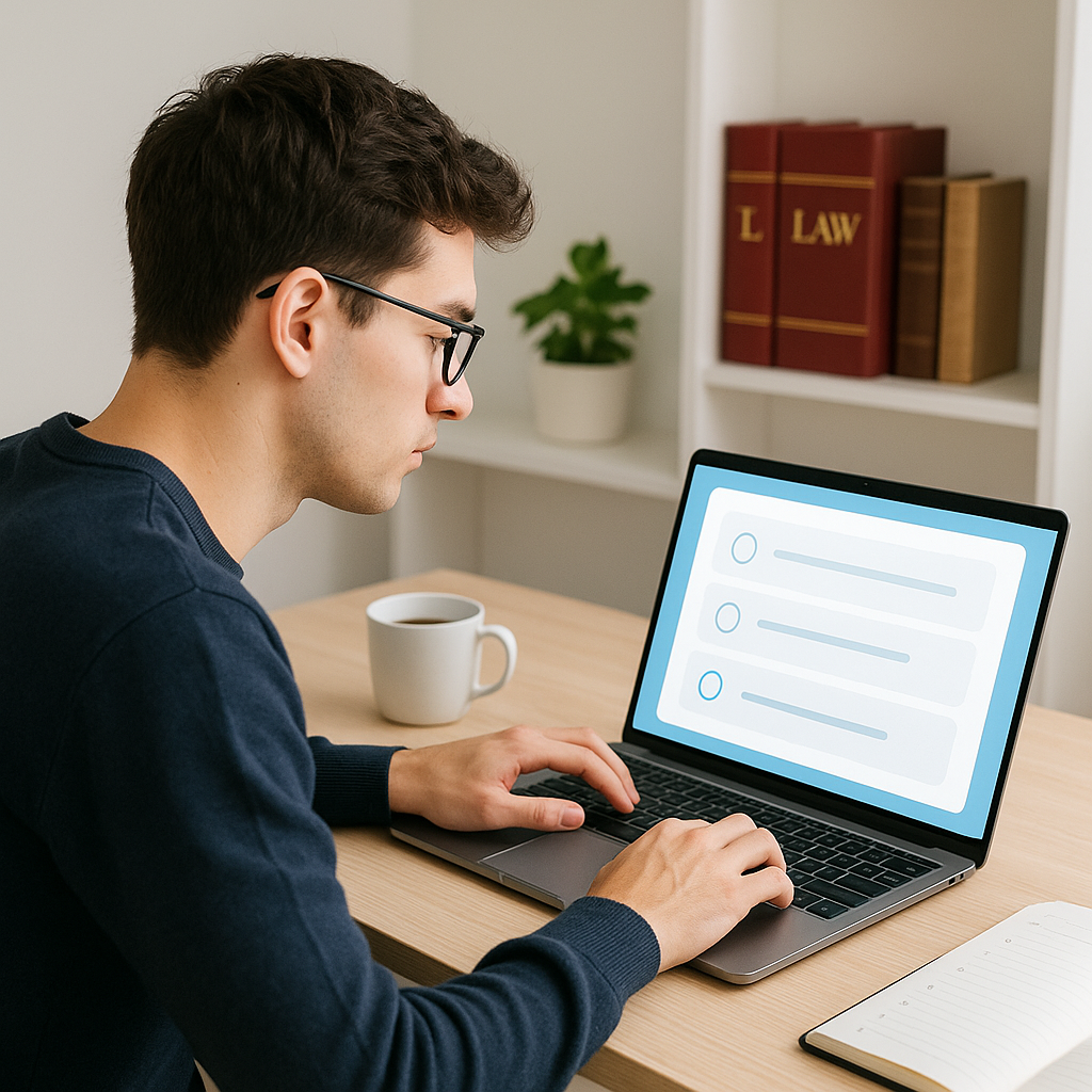 A focused student sitting at a desk with a laptop, practicing multiple-choice questions on a modern, bright interface. B...