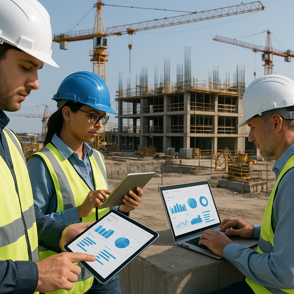 A construction site with workers using tablets and laptops, tracking real-time project dashboards. Modern cranes and equ...