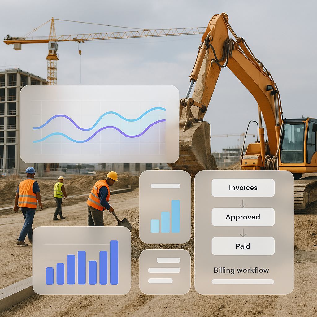 A construction site with workers and machinery, overlayed with a digital dashboard showing graphs and billing workflows....
