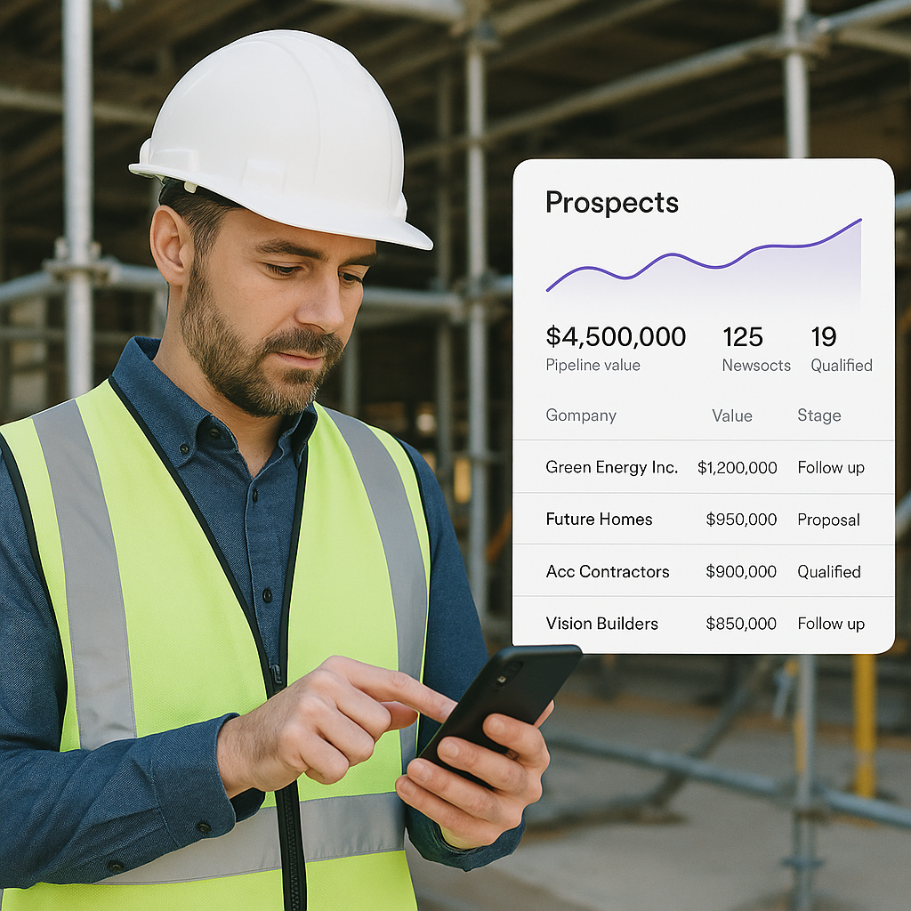 A construction supervisor on-site using a mobile app on their phone, with a digital prospect dashboard overlay, surround...