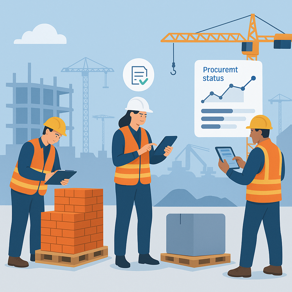 A construction site with multiple workflows illustrated—workers managing inventory, approving documents on tablets, and...