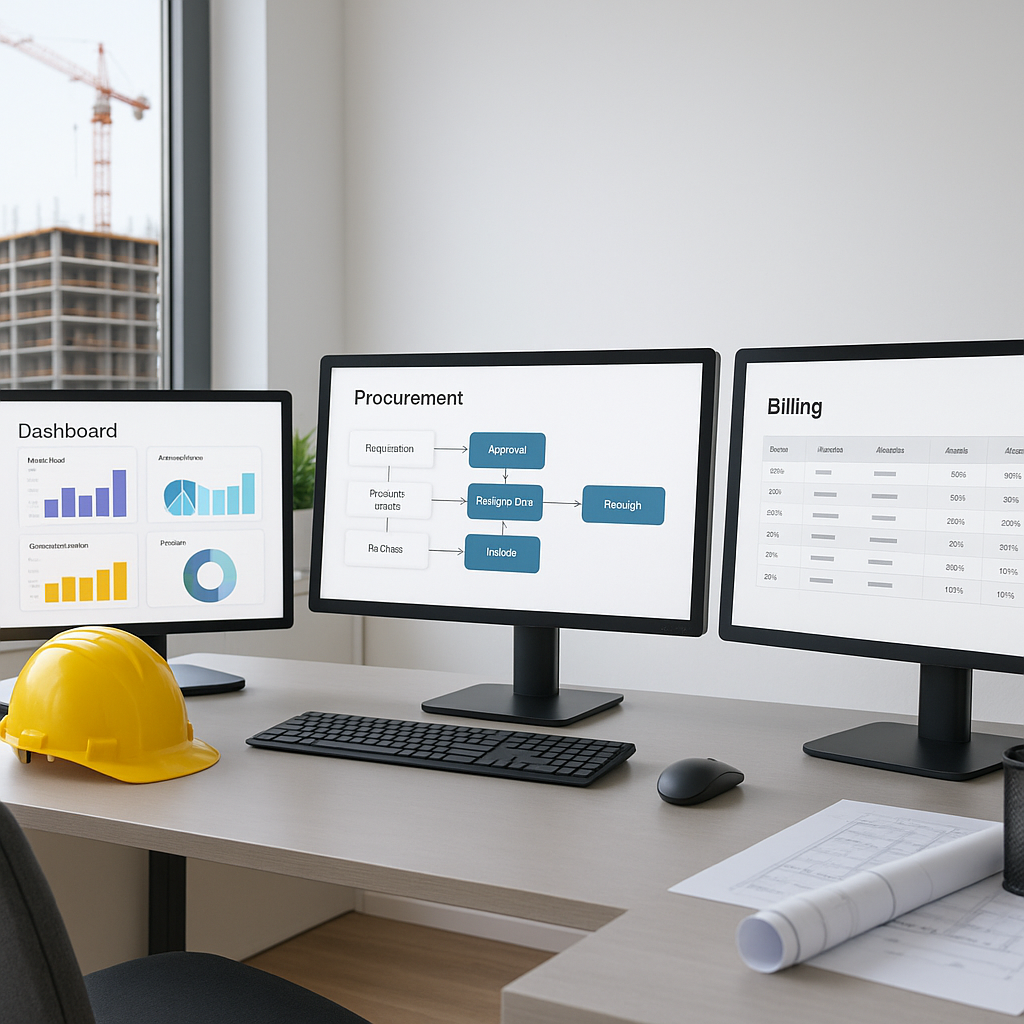 A realistic depiction of a construction contractor's office with screens showing a unified ERP dashboard, procurement wo...