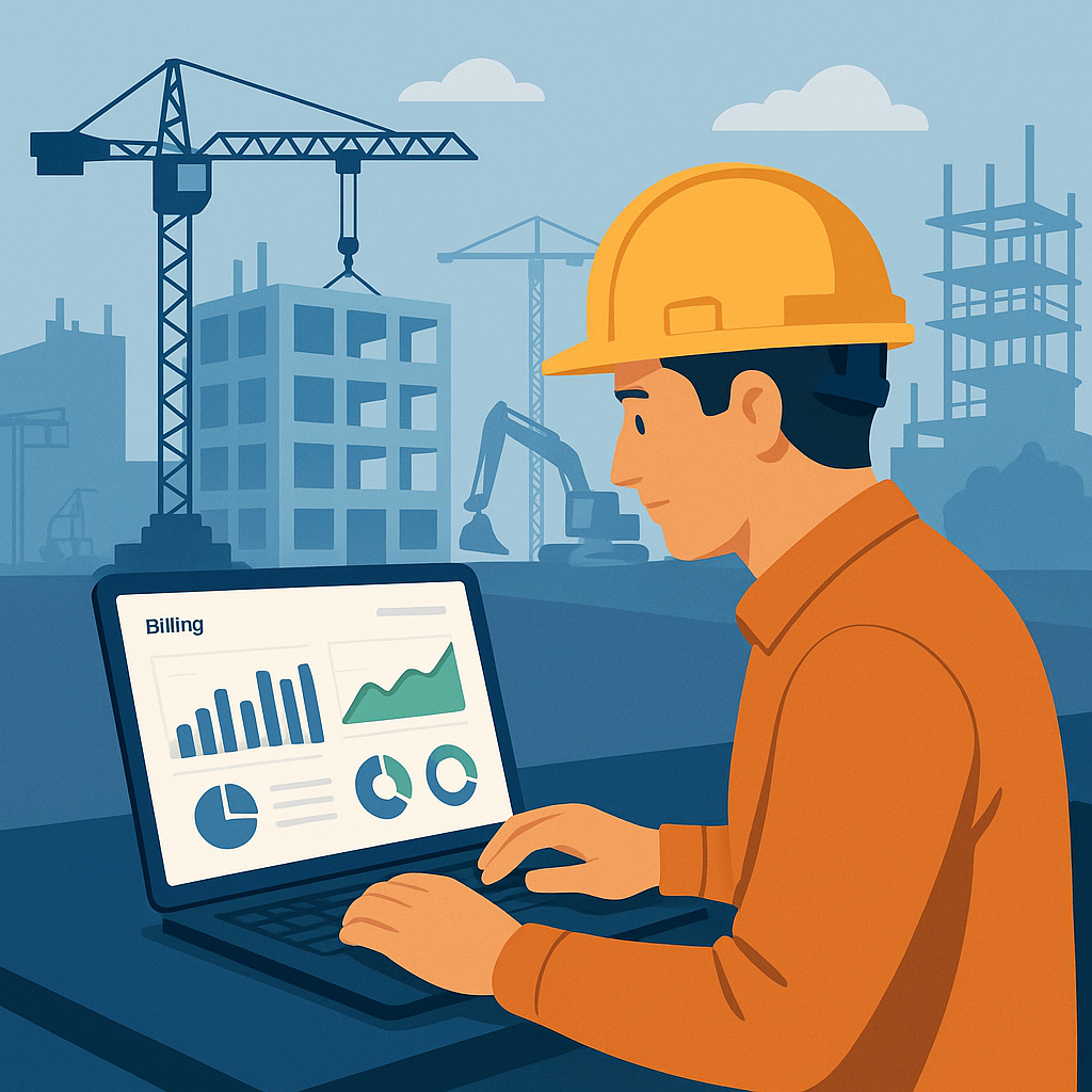 A digital illustration of a construction contractor reviewing billing data on a laptop, with a construction site in the...